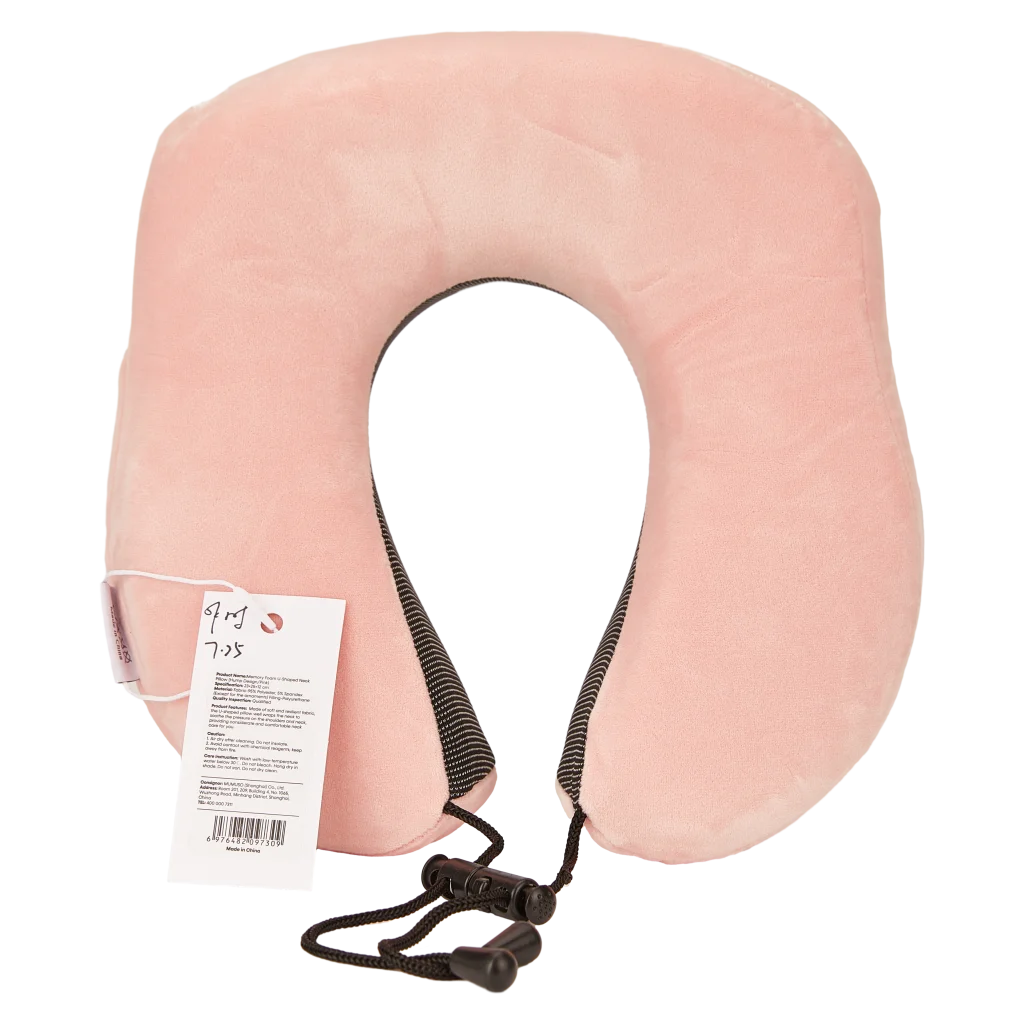 mumuso_u-foermiges_memory_foam_nackenkissen_ergonomisch_rosa_schwarz.webp MUMUSO Nackenkissen U-Form mit Memory Foam (rosa) – ergonomisches Reisekissen für entspanntes Schlafen unterwegs.