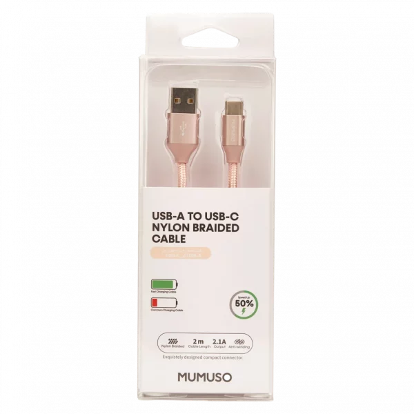 MUMUSO USB-A-auf-USB-C-Kabel, geflochtenes Nylon, 2 m (Roségold) – stabiles USB-C Kabel für schnelles Laden von Smartphones.