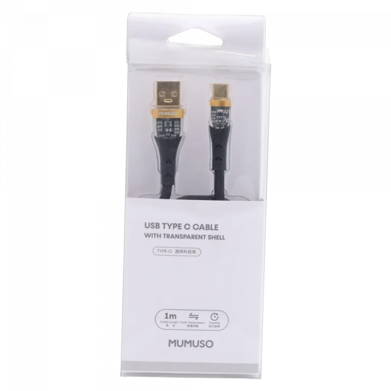 MUMUSO USB-C-Kabel aus TPE mit transparenter Hülle, 1 m (Schwarz) – flexibles USB-C-Ladekabel für Smartphones.
