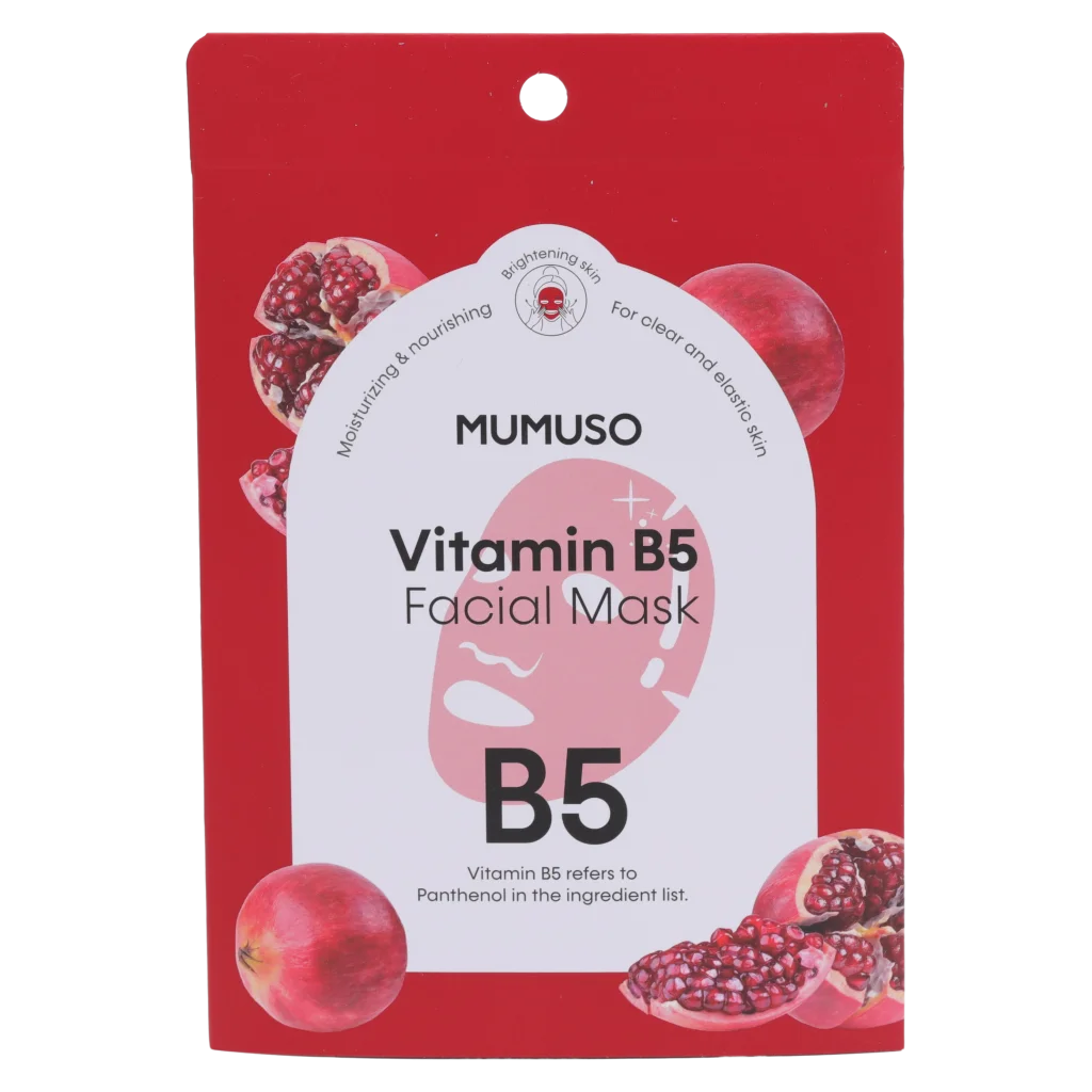 mumuso_vitamin_b5_tuchmaske_gesicht_feuchtigkeitspflege_weiss_rot.webp MUMUSO Vitamin B5 Gesichtsmaske als Tuchmaske, feuchtigkeitsspendend für trockene Haut, in Weiß und Rot – 44,2 g Packung.