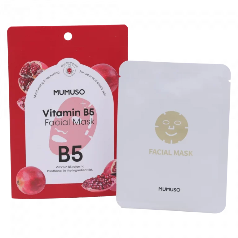 MUMUSO Vitamin B5 Gesichtsmaske als Tuchmaske, feuchtigkeitsspendend für trockene Haut, in Weiß und Rot – 44,2 g Packung.