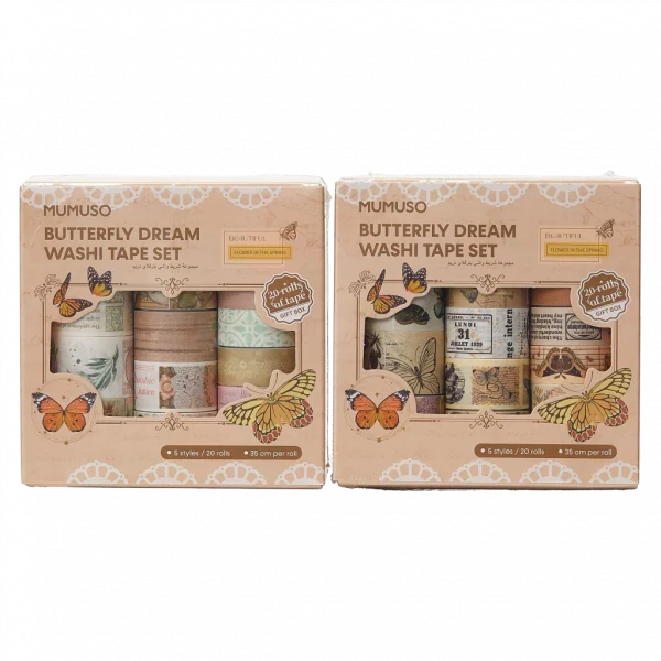 MUMUSO Washi Tape Set mit Schmetterlings- und Natur-Prints, 20-teilig, vielseitig einsetzbar als Dekorband fürs Scrapbooking.