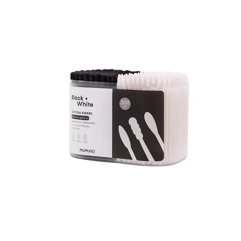 mumuso_wattestaebchen_papierstiel_300st_schwarz_weiss_2.webp MUMUSO Wattestäbchen mit Papierstiel, 300 Stück – praktische Kosmetik Wattestäbchen in Schwarz und Weiß für die tägliche Hygiene.