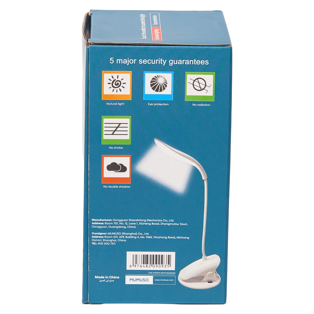 mumuso_wiederaufladbare_clip-on-tischlampe_abs_weiss.webp MUMUSO wiederaufladbare Clip-On Tischlampe aus ABS, weiß, mit flexiblem Schwanenhals und Berührungsschalter.