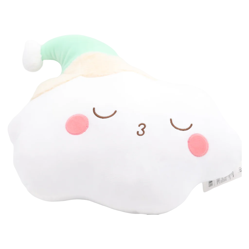 mumuso_wolkenkissen_pluesch_gesicht_muetze_weiss_mint_2.webp MUMUSO Wolkenkissen Plüsch mit Gesicht und Mütze in Weiß/Mint – weiches Kuschelkissen für Kinder und Erwachsene.