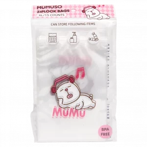 MUMUSO Ziplock Beutel XL aus PE, BPA-frei, transparent mit Mumu-Print – praktische Aufbewahrungsbeutel für die Küche.
