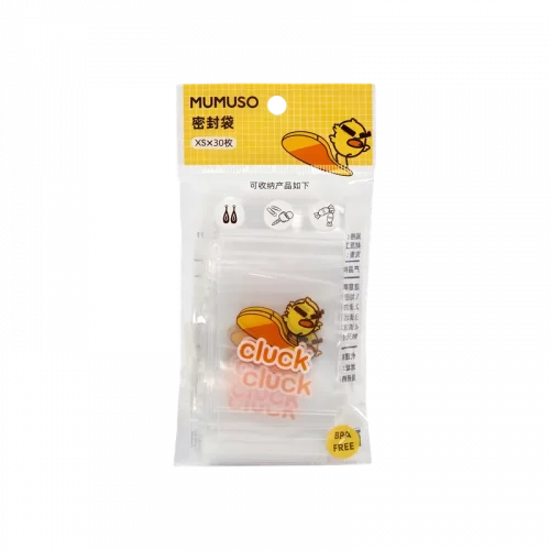 MUMUSO Ziplock-Beutel, extra klein, aus PE, transparent, 30 Stück – BPA-freie Aufbewahrungsbeutel mit Cluck-Print.