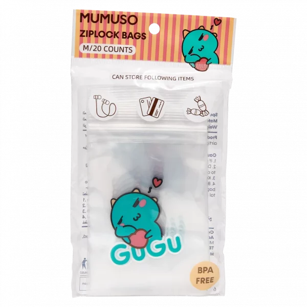 MUMUSO Ziplock Beutel Set aus PE, Größe M, transparent mit GUGU-Print, BPA-frei – praktischer Aufbewahrungsbeutel für Snacks.