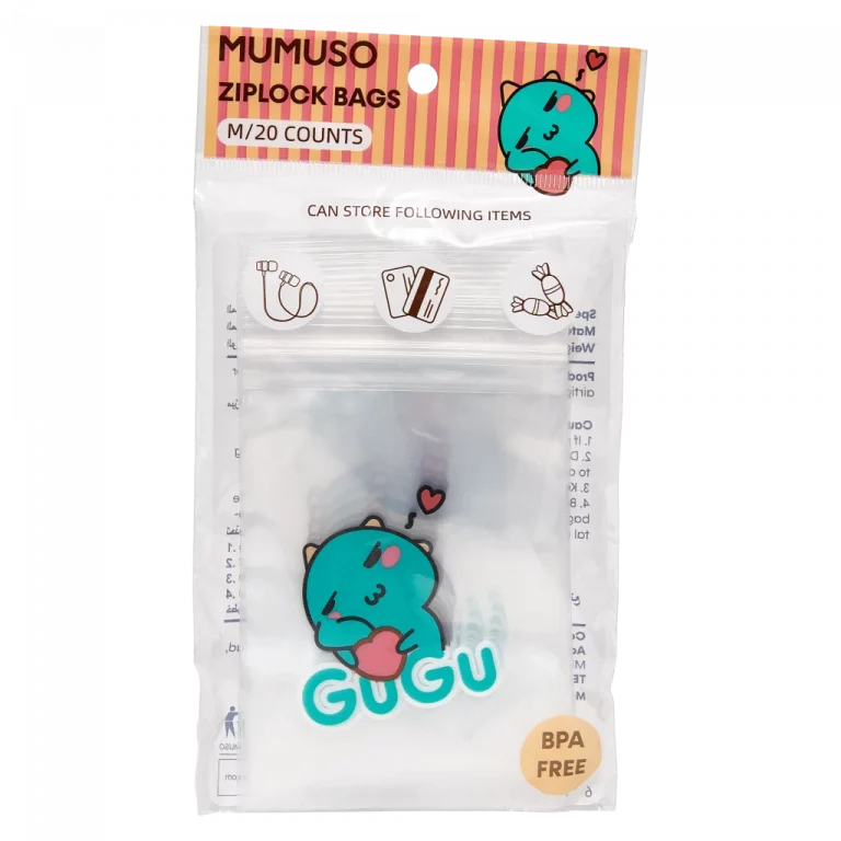 MUMUSO Ziplock Beutel Set aus PE, Größe M, transparent mit GUGU-Print, BPA-frei – praktischer Aufbewahrungsbeutel für Snacks.