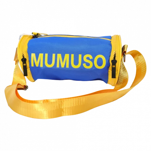 MUMUSO zylindrische Umhängetasche für Kinder aus Nylonstoff in Blau und Gelb – leichte Schultertasche für Alltag.
