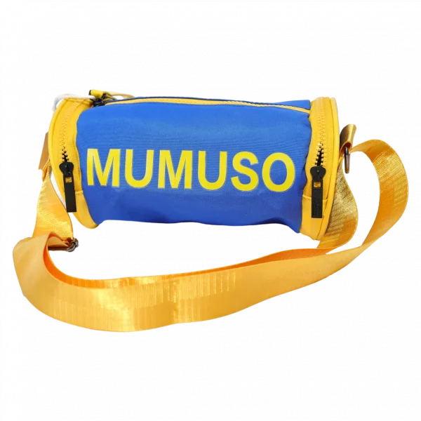 MUMUSO zylindrische Umhängetasche für Kinder aus Nylonstoff in Blau und Gelb – leichte Schultertasche für Alltag.