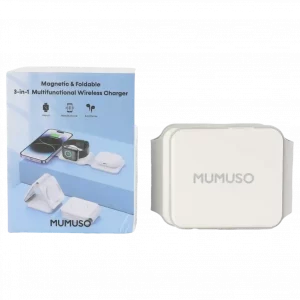MUMUSO 3-in-1 Ladestation in Weiss, faltbar und magnetisch – ideal für Handy, Apple Watch und Kopfhörer.