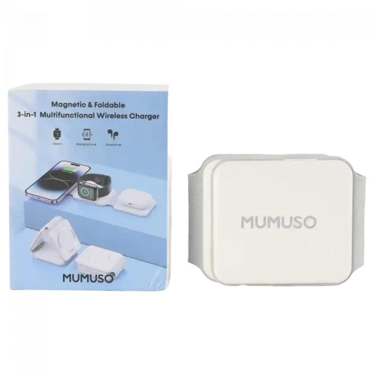 MUMUSO 3-in-1 Ladestation in Weiss, faltbar und magnetisch – ideal für Handy, Apple Watch und Kopfhörer.