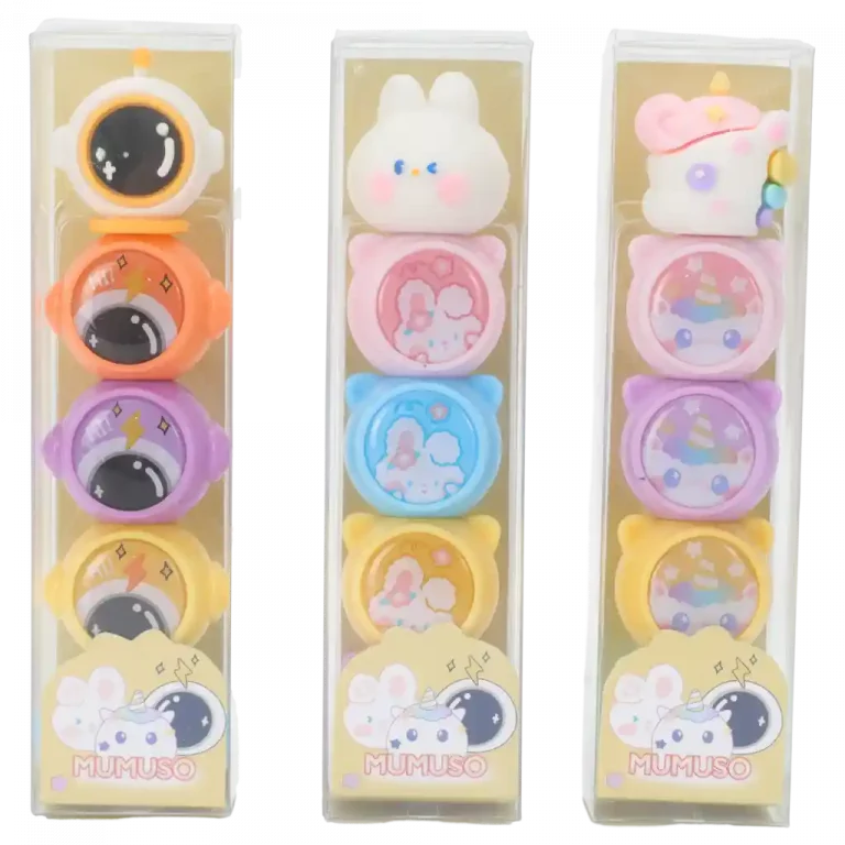 MUMUSO 4-in-1 Textmarker in pastellfarben mit bunten Motiven – ideal für Schule oder Büro.