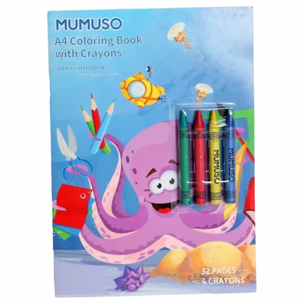 MUMUSO A4 Malbuch mit Wachsmalstiften (Unterwasserwelt) – 32 Seiten Spaß für kreative Kinder.