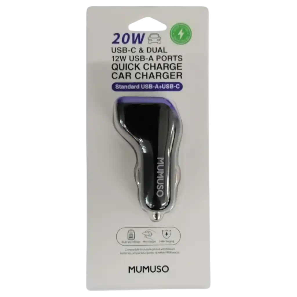 mumuso_auto_ladegeraet_20w_usb-c_12w_usb-a_schwarz.webp MUMUSO Auto Ladegerät mit 20W USB-C und 12W USB-A Ports, schwarz – schneller Ladevorgang für mobile Geräte.