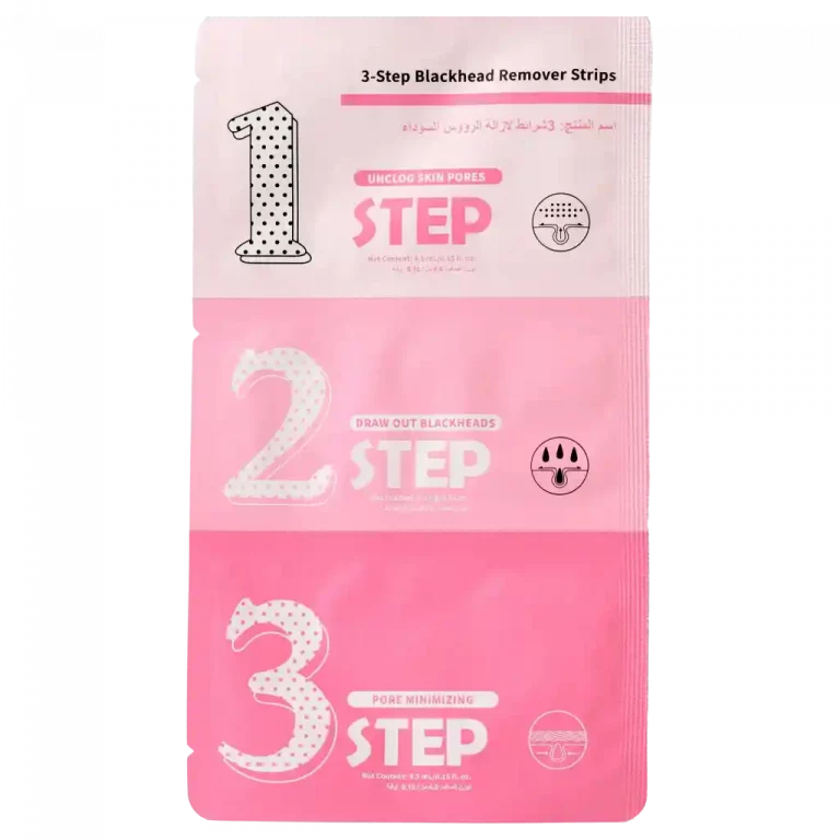 MUMUSO 3-Step Blackhead Remover Strips in Pink – effektive Hautpflege gegen Mitesser mit drei Anwendungsschritten.
