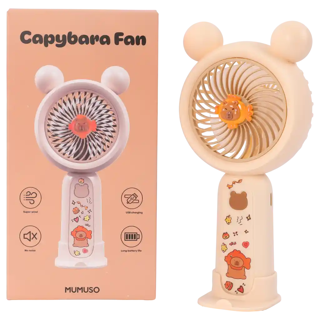 mumuso_capybara_handventilator_kunststoff_beige.webp MUMUSO Capybara Cartoon Handheld Fan in Beige - kompakter USB Ventilator mit süßem Capybara-Motiv.