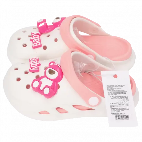 MUMUSO Clogs für Kinder (Weiß/Rosa) mit Bärchenmotiv – ideal für den Garten oder den Alltag.