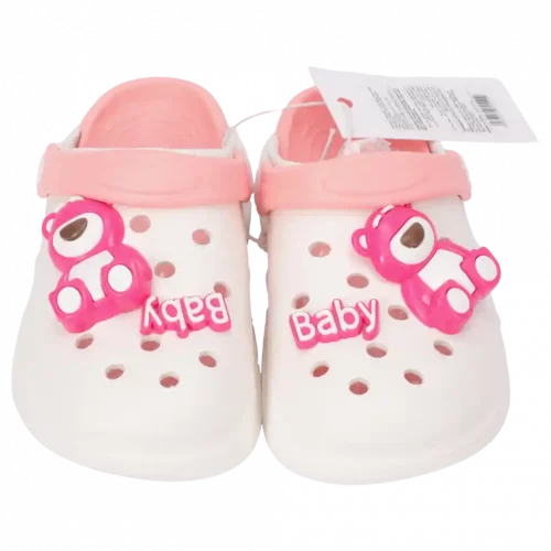 MUMUSO Clogs für Kinder (Weiß/Rosa) mit Bärchenmotiv – ideal für den Garten oder den Alltag.