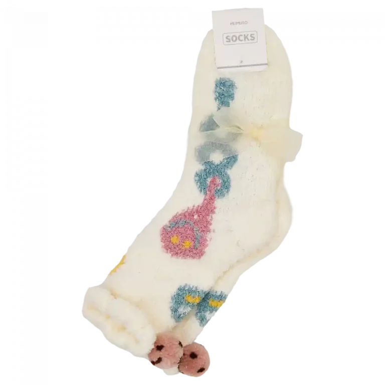 MUMUSO Crew-Socken mit Pompom (Beige) – stilvoll und bequem mit buntem Gesichtsmotiv für Damen.