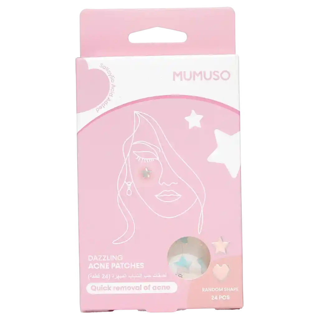 mumuso_dazzling_acne_patches_24stueck_hydrokolloid_pink.webp MUMUSO Dazzling Acne Patches, 24 Stück (Pink) – effektive Pflaster zur Bekämpfung von Akne.