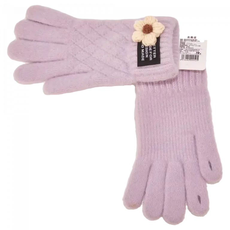 MUMUSO handschuhe aus strick in lila mit blumenapplikation – ideal für kalte Tage und stilvollen Schutz.