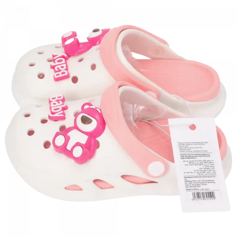 MUMUSO Kinder-Clogs mit Bärchen-Motiv in Weiß und Pink – ideal für den Garten oder das Zuhause.