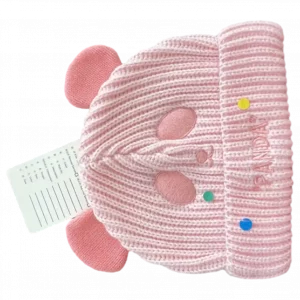 MUMUSO Kinder Wollmütze in Rosa mit Panda-Motiv und bunten Details – ideal für kalte Tage.