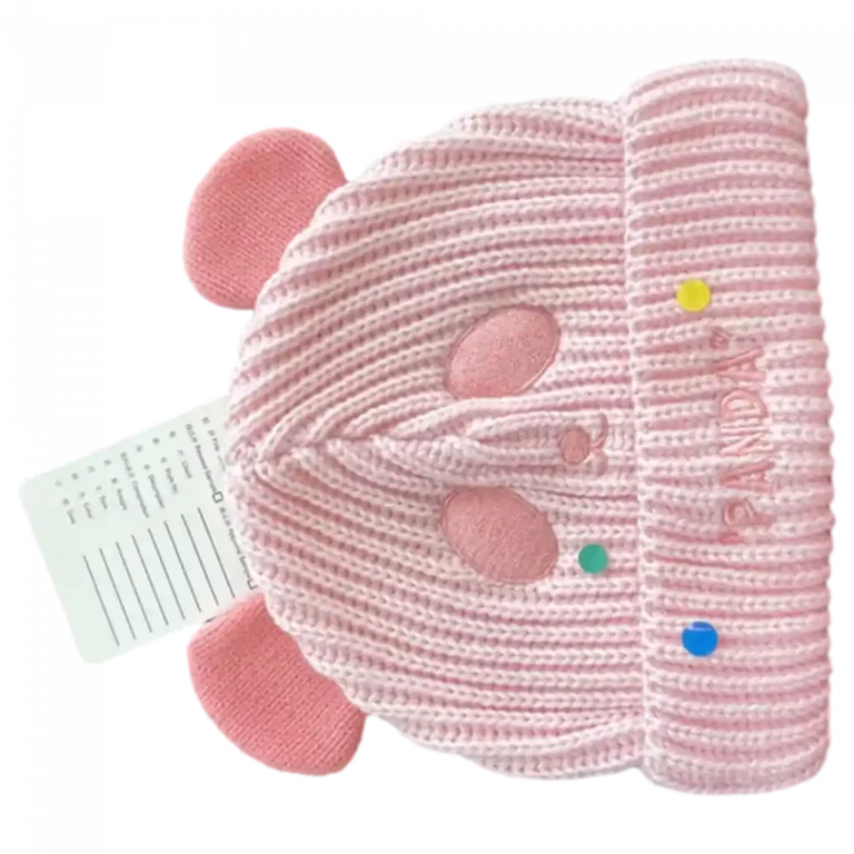 MUMUSO Kinder Wollmütze in Rosa mit Panda-Motiv und bunten Details – ideal für kalte Tage.