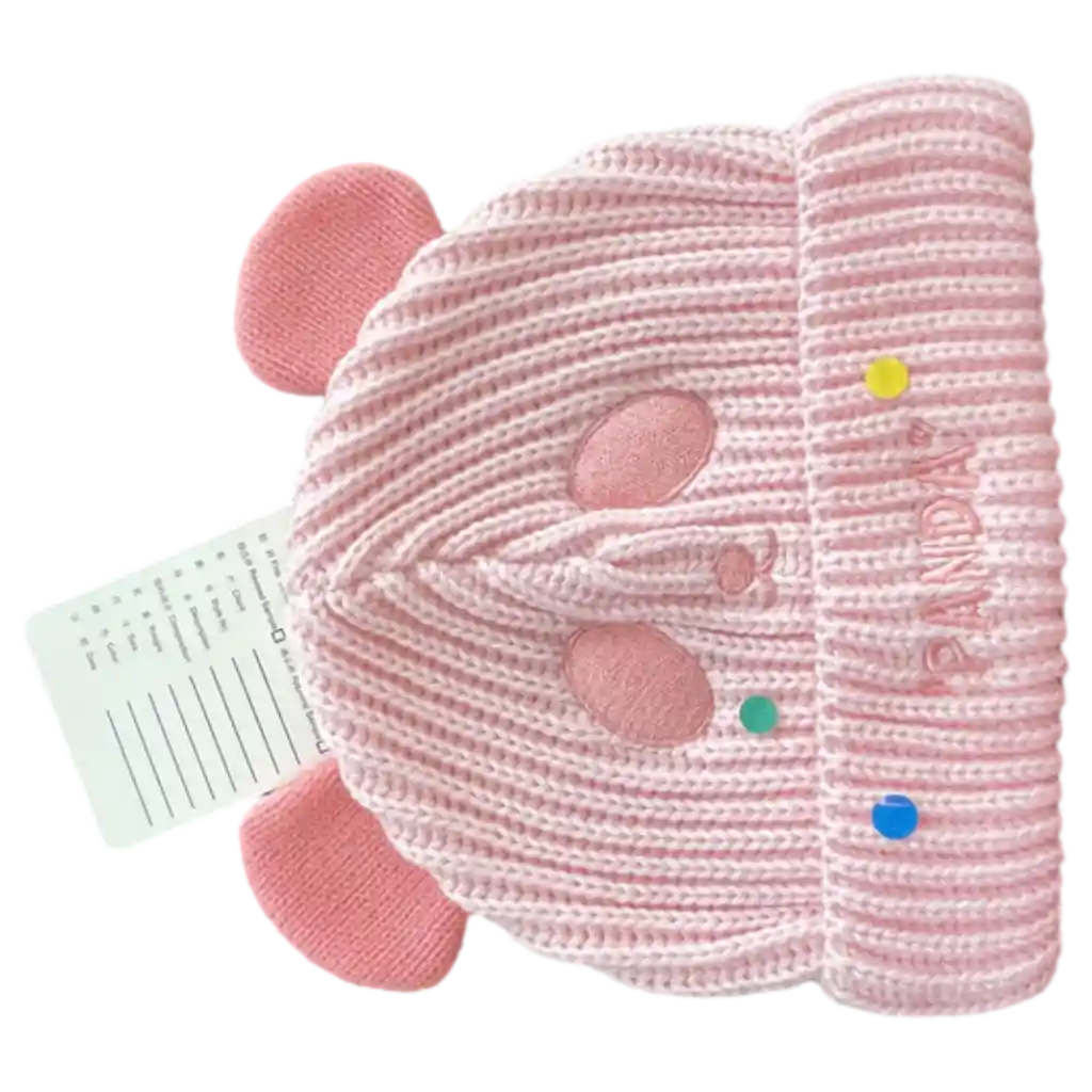 MUMUSO Kinder Wollmütze in Rosa mit Panda-Motiv und bunten Details – ideal für kalte Tage.