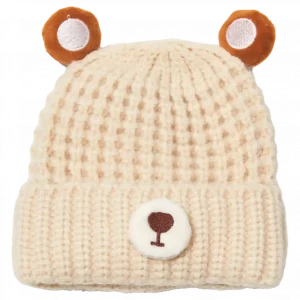 MUMUSO Kinderwintermütze aus 100% Polyester in Creme mit Bärenohren – ideal für kalte Tage.