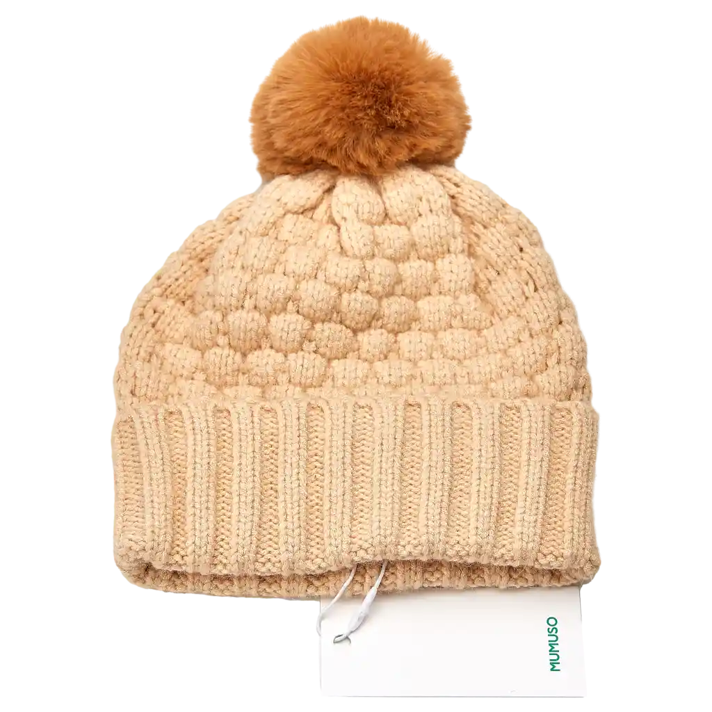 MUMUSO Kinderstrickmütze in Beige mit Bommel – warme und weiche Wintermütze für Kinder.
