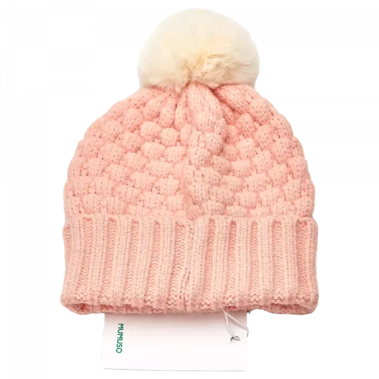 MUMUSO Kinder Wollmütze in Rosa mit Bommel – warme Kopfbedeckung für kalte Tage.