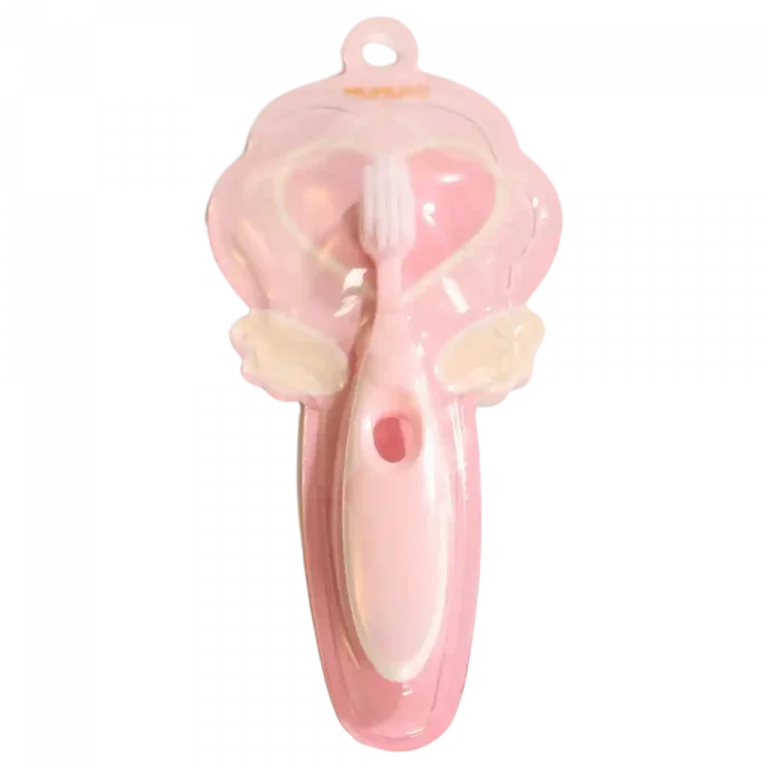 MUMUSO Kinderzahnbürste in Rosa mit einem ergonomischen Griff für eine sanfte Zahnpflege.