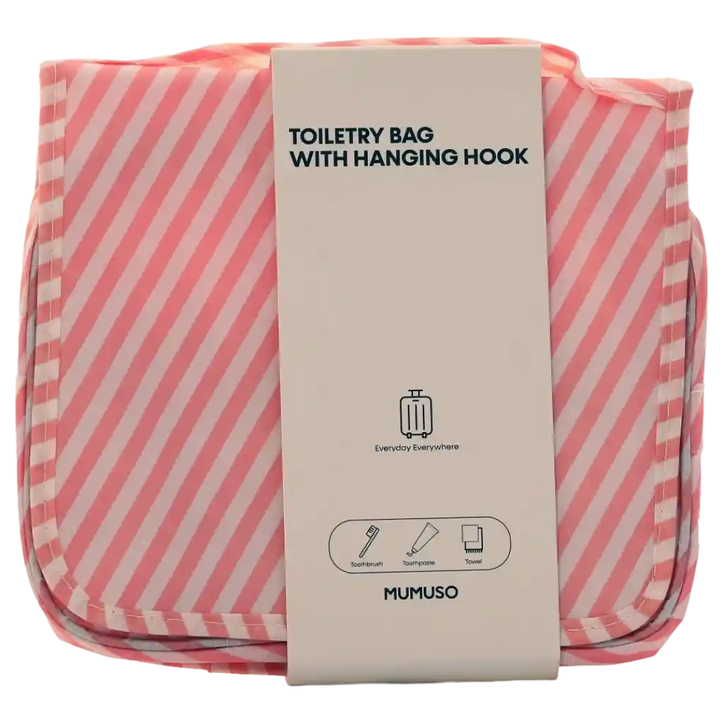 mumuso_kosmetiktasche_hakentasche_rosa_polyester.webp MUMUSO Kosmetiktasche mit Haken (rosa/gestreift) – ideal für Reisen und Aufbewahrung.