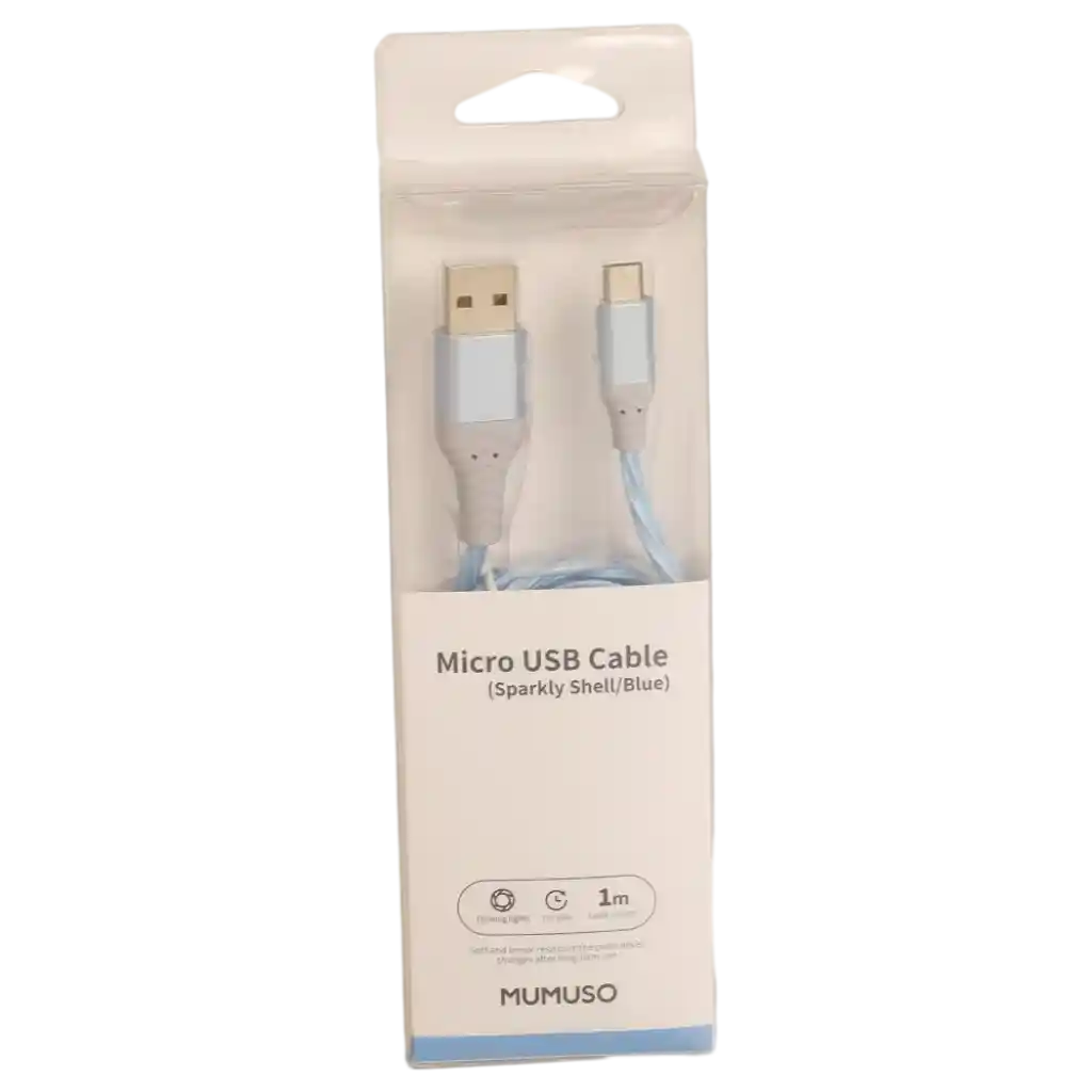 mumuso_micro_usb_kabel_1m_blau.webp MUMUSO Micro USB Kabel in Blau, 1m lang, mit glänzendem Gehäuse für sichere Verbindungen.