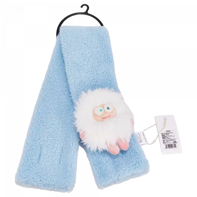 MUMUSO blaue plüschige Halstuch mit weißem Monster – weich und warm für den Frühling und Herbst.
