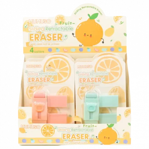 MUMUSO Radiergummi mit Fruchtmotiv in Rosa und Blau – ideal für Schule und Büro.