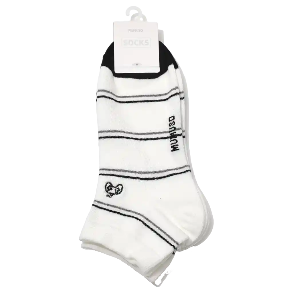 mumuso_sneakersocken_baumwolle_weiss_schwarz.webp MUMUSO Sneakersocken für Herren mit gestreiftem Muster (Weiß/Schwarz) – ideal für den Alltag, aus Baumwolle.