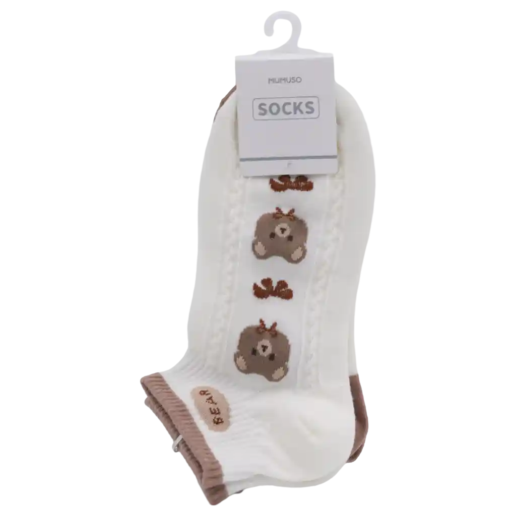 mumuso_sneakersocken_damen_weiss_bear.webp MUMUSO Sneakersocken für Damen in Weiß mit süßem Bärenmotiv - bequem und stylisch für den Alltag.