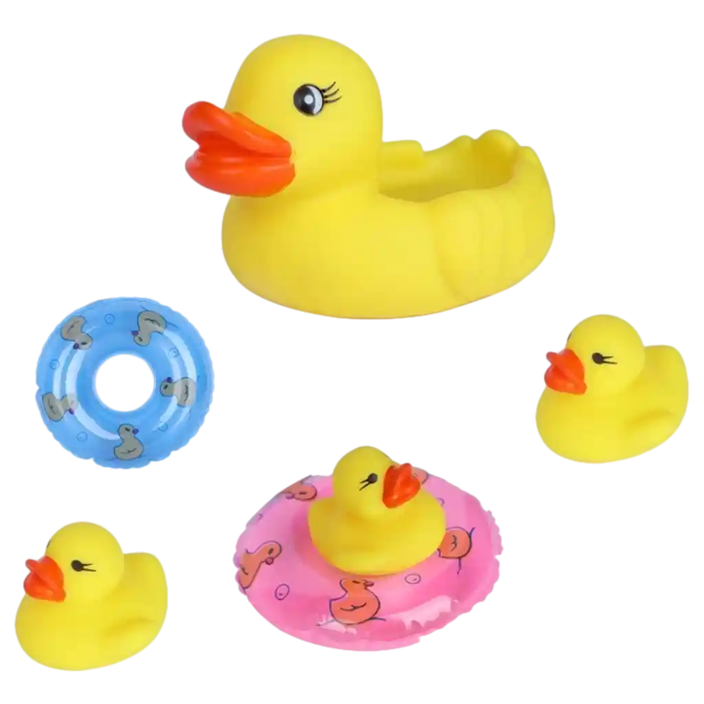 mumuso_spielzeugset_gummiente_schwimmring_pvc_gelb.webp MUMUSO Spielzeugset mit gelber Gummi-Ente und Schwimmring, aus PVC für Kinder.