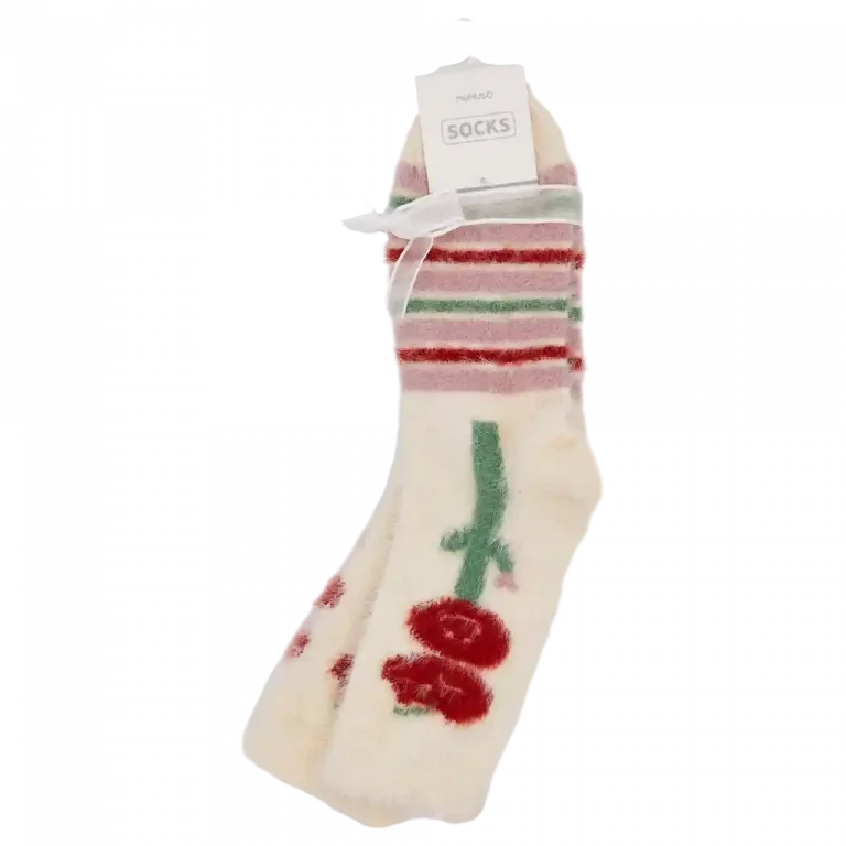 MUMUSO Streifensocken mit Blumenmuster in Grün und Rot – stilvolle und gemütliche Damen-Socken.