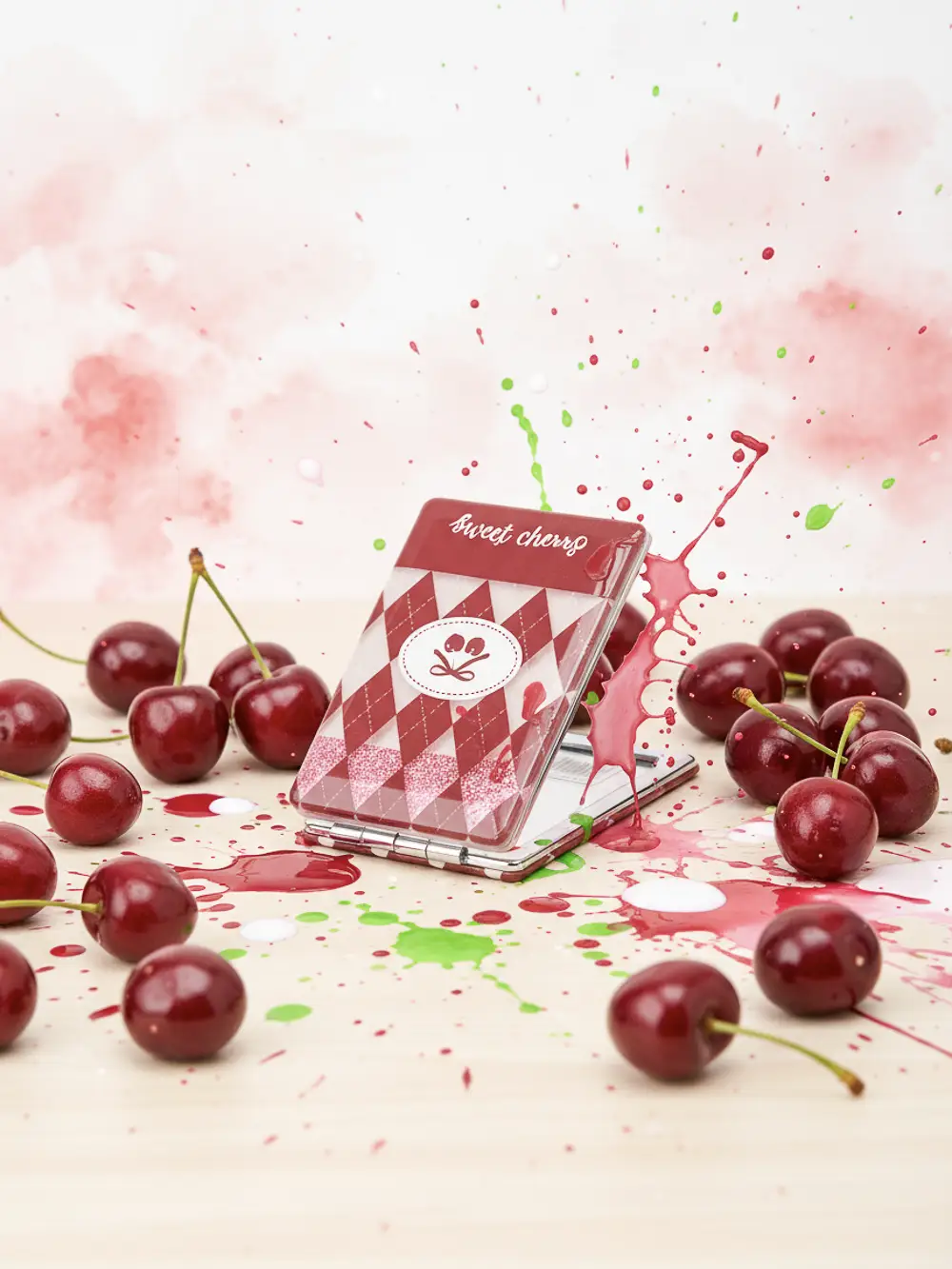 320Handspiegel20mit20Karo20und20Kirschmotiv20und20Glitzer.webp Kunststoff-Taschenspiegel mit Kirsch-Design (Weiß/Rot/Rosa)