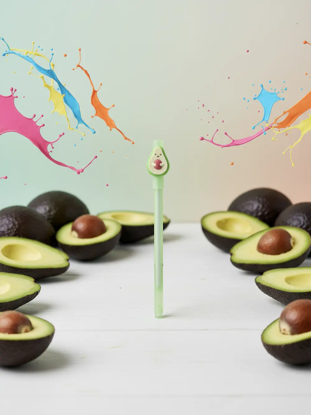 3Schreibstift20Fineliner20mit20Avocado20Motiv.webp Gelstift aus Kunststoff mit Avocado-Design (Hellgrün)