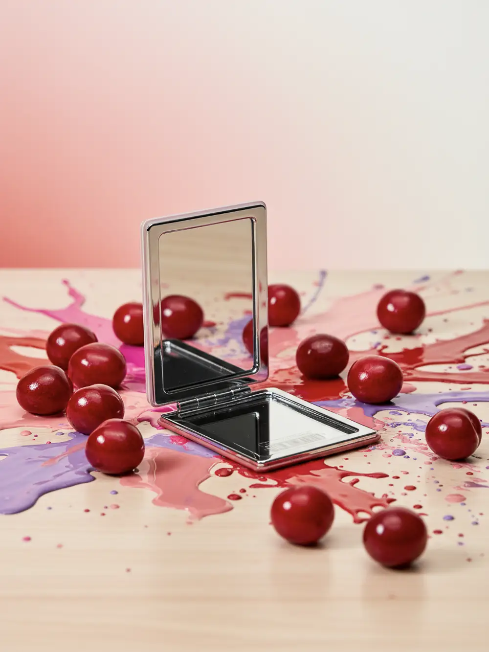 520Handspiegel.webp Kunststoff-Taschenspiegel mit Kirsch-Design (Weiß/Rot/Rosa)