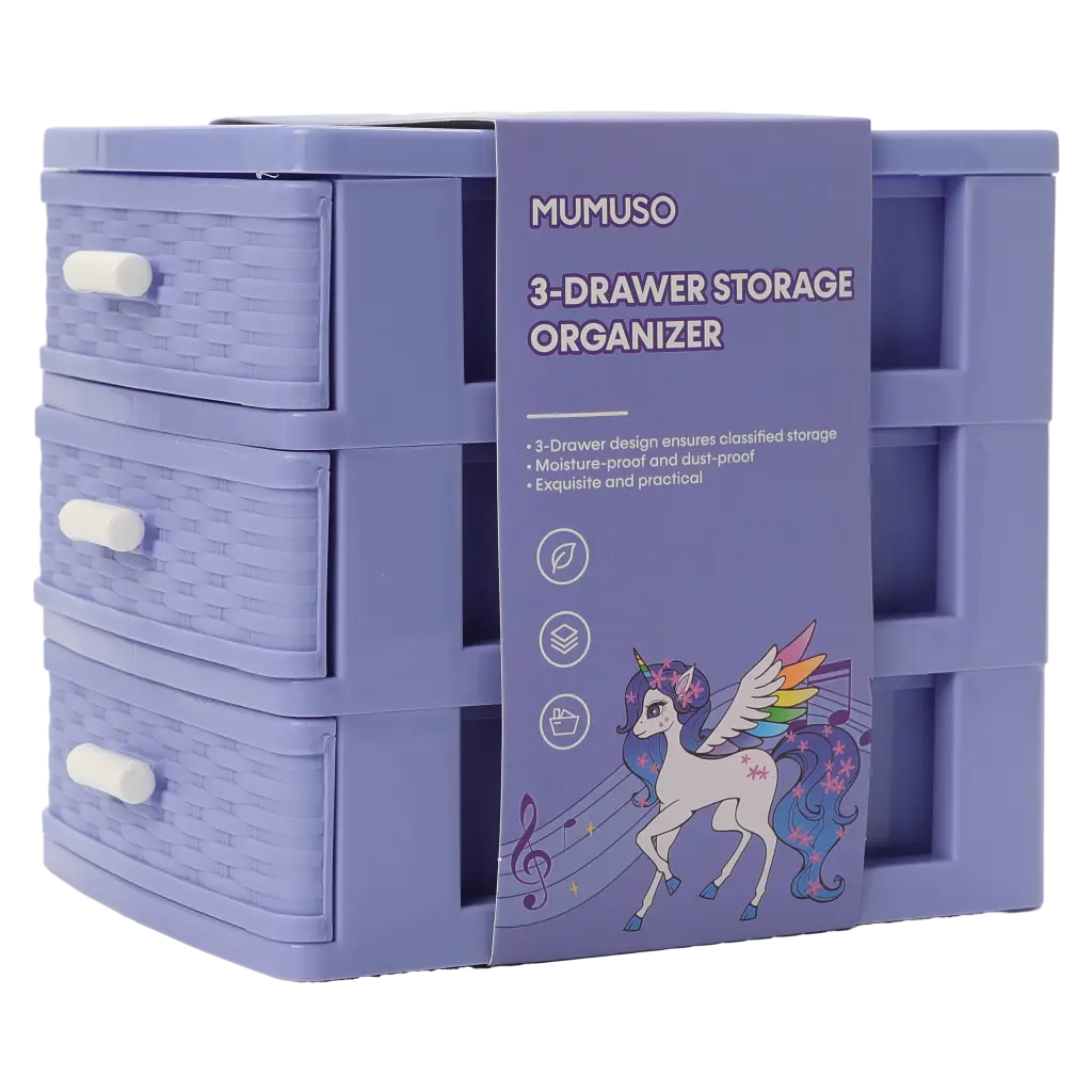 6932559609455.webp 3-Schubladen-Aufbewahrungsbox aus Kunststoff mit Einhorn-Design (Lila)