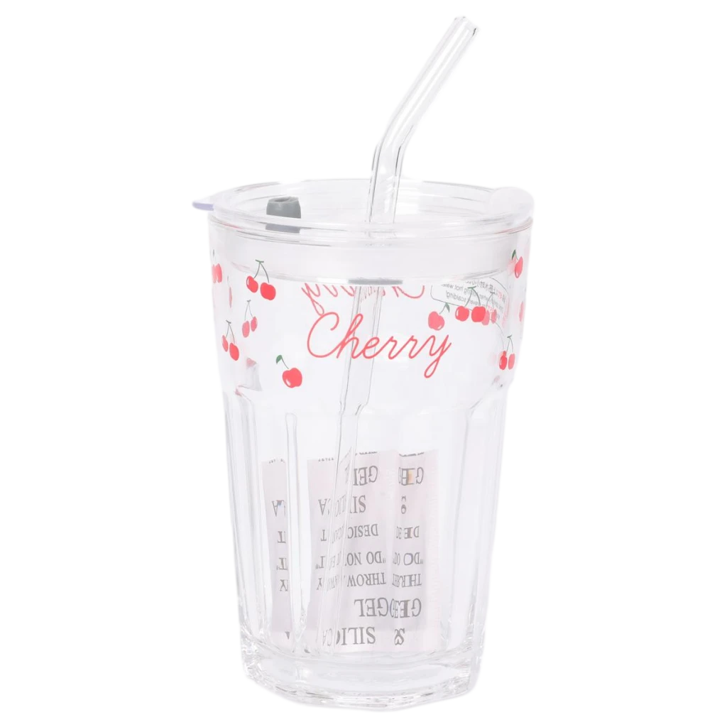 6932559695489_4.webp Kunststoff-Trinkbecher mit Deckel und Strohhalm, Kirsch-Design (Transparent)