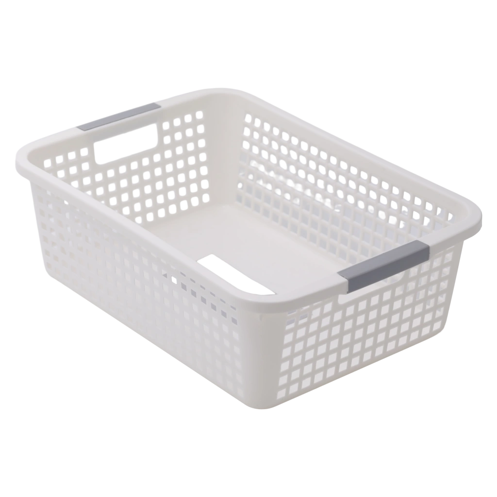 6975349065826_1.webp Rechteckiger Aufbewahrungskorb aus Kunststoff, stapelbar (Weiß/Grau)