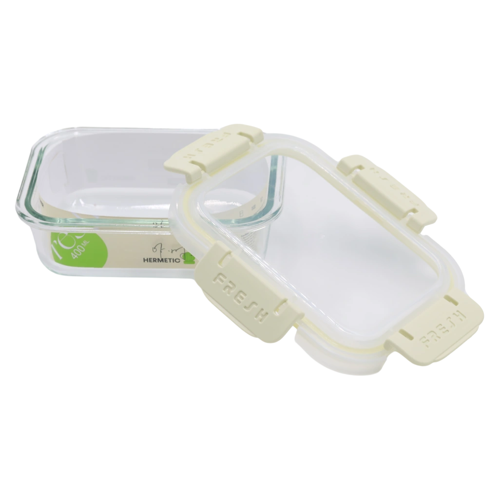 6976227009901_2.webp Rechteckige Glas-Frischhaltedose mit Deckel, 400 ml (Grün)